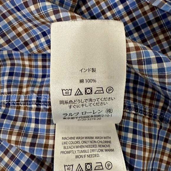 Ralph Lauren Blue Brown Checked Plaid Button Down Shirt Cotton Stretch LARGE - Picture 6 of 8